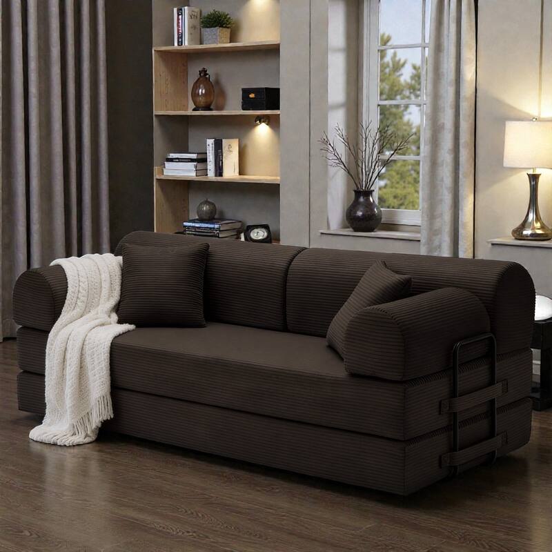 Convertible Sleeper Sofa Bed, 4-in-1 Corduroy Folding Floor Couch with Cylindrical Pillow, 2-Seat Space-Saving Lounge Sofa