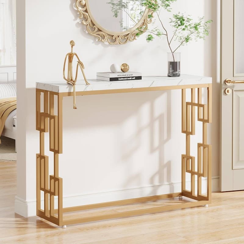 White Gold MDF Wood Console Sofa Table with Faux Marble Top and Metal Frame - 11.81"D x 42.51"W x 31.49"H