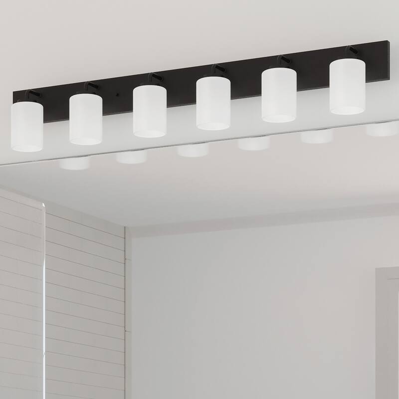 Merry Collection Six-Light Matte Black and Etched Glass Transitional Style Bath Vanity Wall Light - 48 in x 5.75 in x 8.25 in - 48 in x 5.75 in x 8.25 in