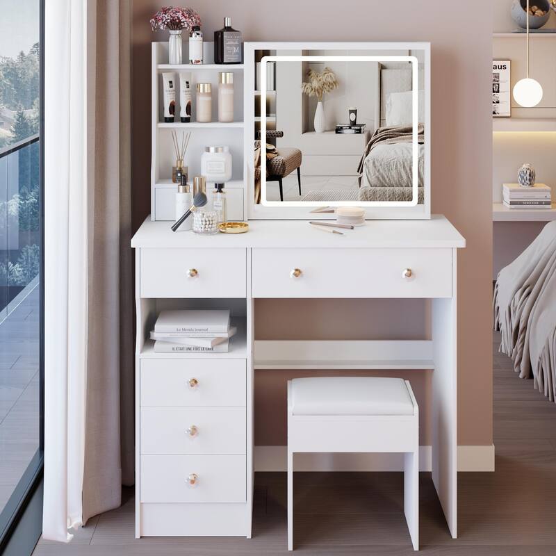 Middle Size Left Drawer Desktop Vanity Table + Cushioned Stool,Touch Control,Tri-color Switching,Brightness Adjust LED Mirror