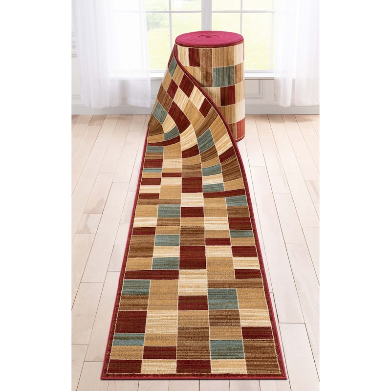 Custom Size Runner 27 Inches Wide Barclay Yaren Modern Geo Block Rug - 17 Feet - Red - Runner