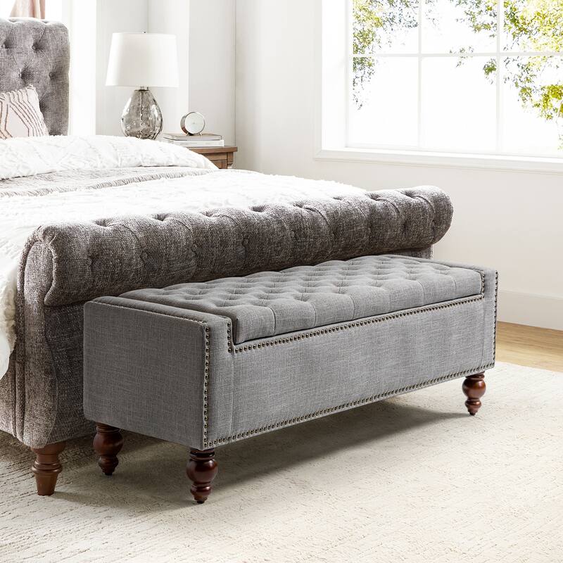 Felix Classic Button-Tufted Storage Bench With Nailhead Trims By HULALA HOME - Grey