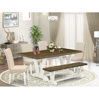 HomeStock 6-Pc Rectangle Distressed Jacobean Finish Solid Wood Top Dining Table with 1-Bench, 4-Chairs