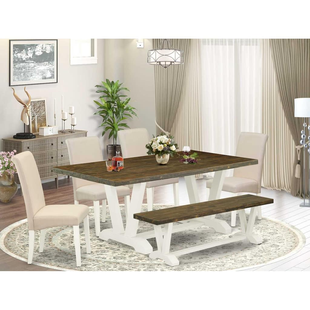 HomeStock 6-Pc Rectangle Distressed Jacobean Finish Solid Wood Top Dining Table with 1-Bench, 4-Chairs