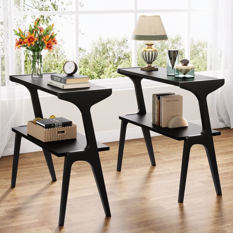 Narrow End Table for Living Room, 2-Tier Slim Sofa Side Table (Set of 2) - Black
