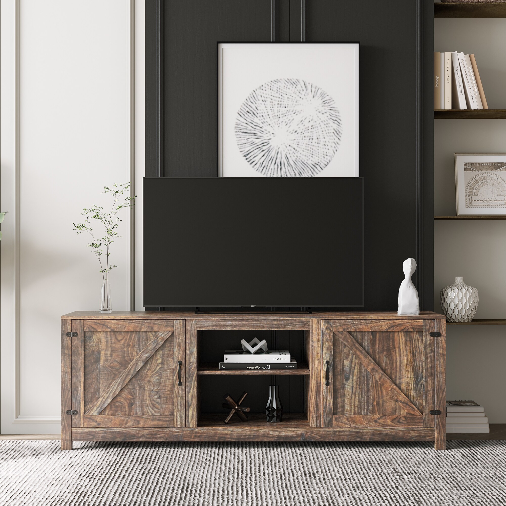 Rustic entertainment center with online barn doors