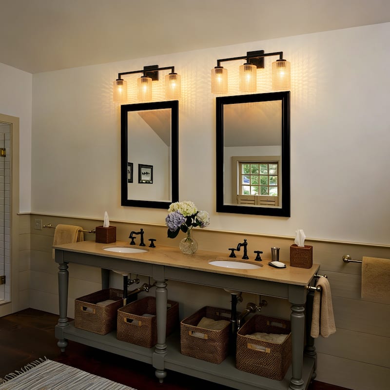 3/4-Light Modern Black Wall Sconce Bathroom Vanity Light with Grid Glass Shades