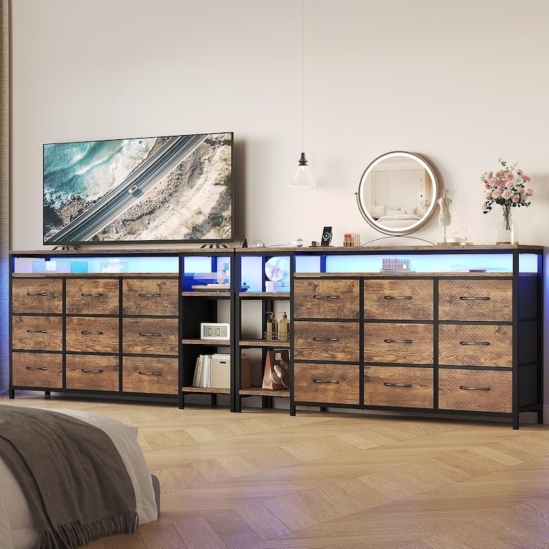 TV Stand Dresser for Bedroom LED Lights Charging Station Fabric Drawers