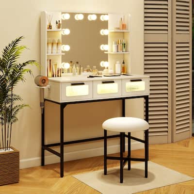 White Makeup Vanity Table with LED Hollywood Mirror and USB Charging Station Storage Drawers - 35.5" x 15.5" x 54"