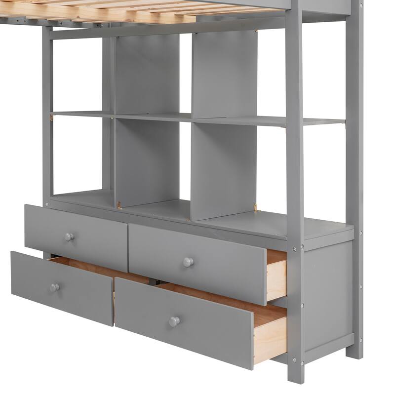 Full-Size Loft Bed with Desk, Drawers & Storage Shelves - Space-Saving Design