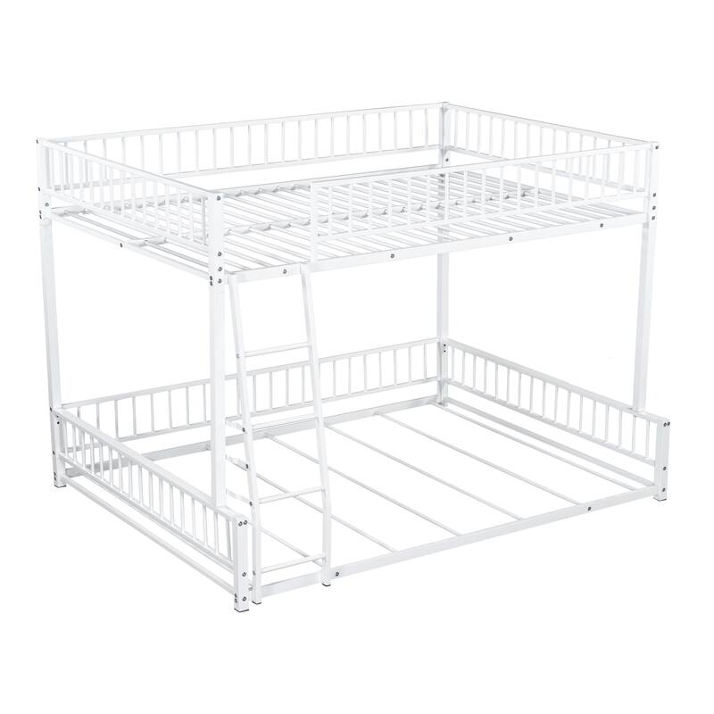 Full XL over Queen Metal Bunk Bed Frame with Ladder and Safety Guardrails, Easy Assembly, White
