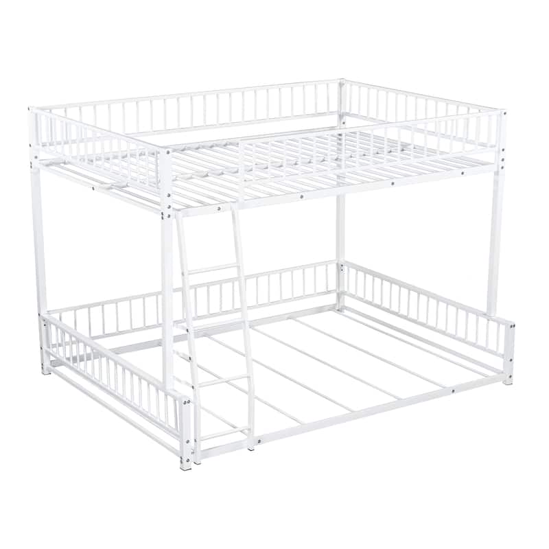 Roomfitters Twin/Full XL over Queen Floor Bunk Bed Frame with Ladder and Safety Guardrails Easy Assembly, Black