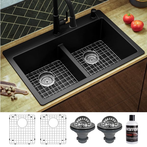 slide 2 of 76, Karran 33" Top Mount Double Equal Bowl Quartz Kitchen Sink Kit - 33" x 22" x 9"