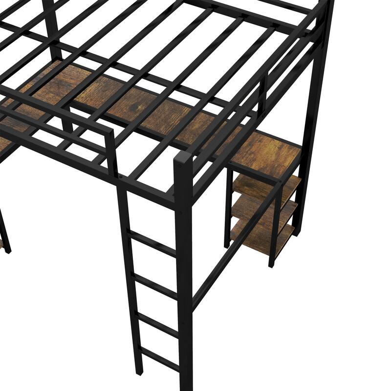 Full Size Metal Loft Bed with Desk and Shelves, Ladder, and Guardrails