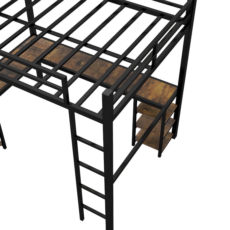 Full Size Metal Loft Bed with L-Shaped Workstation, Built-In Shelves and Guardrails