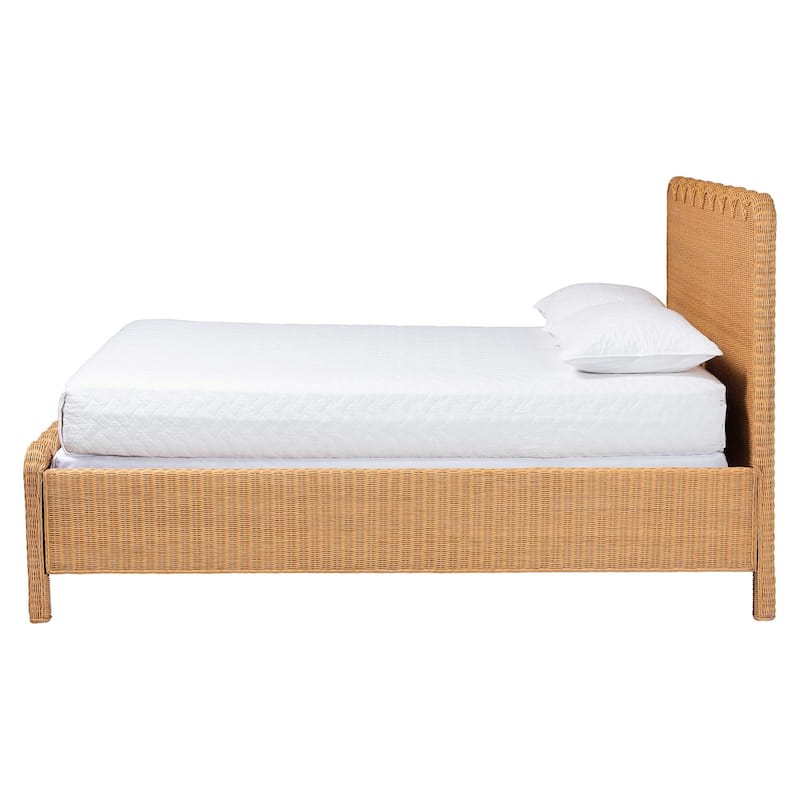 Maritza Scalloped Natural Rattan Bed Frame - Handwoven Wicker Headboard and Footboard with Decorative Edge Detail, Boho Coastal