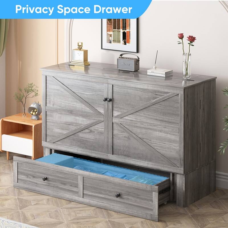 Mixoy Modern Full/Queen Size Murphy Bed Chest with Mattress and Storage