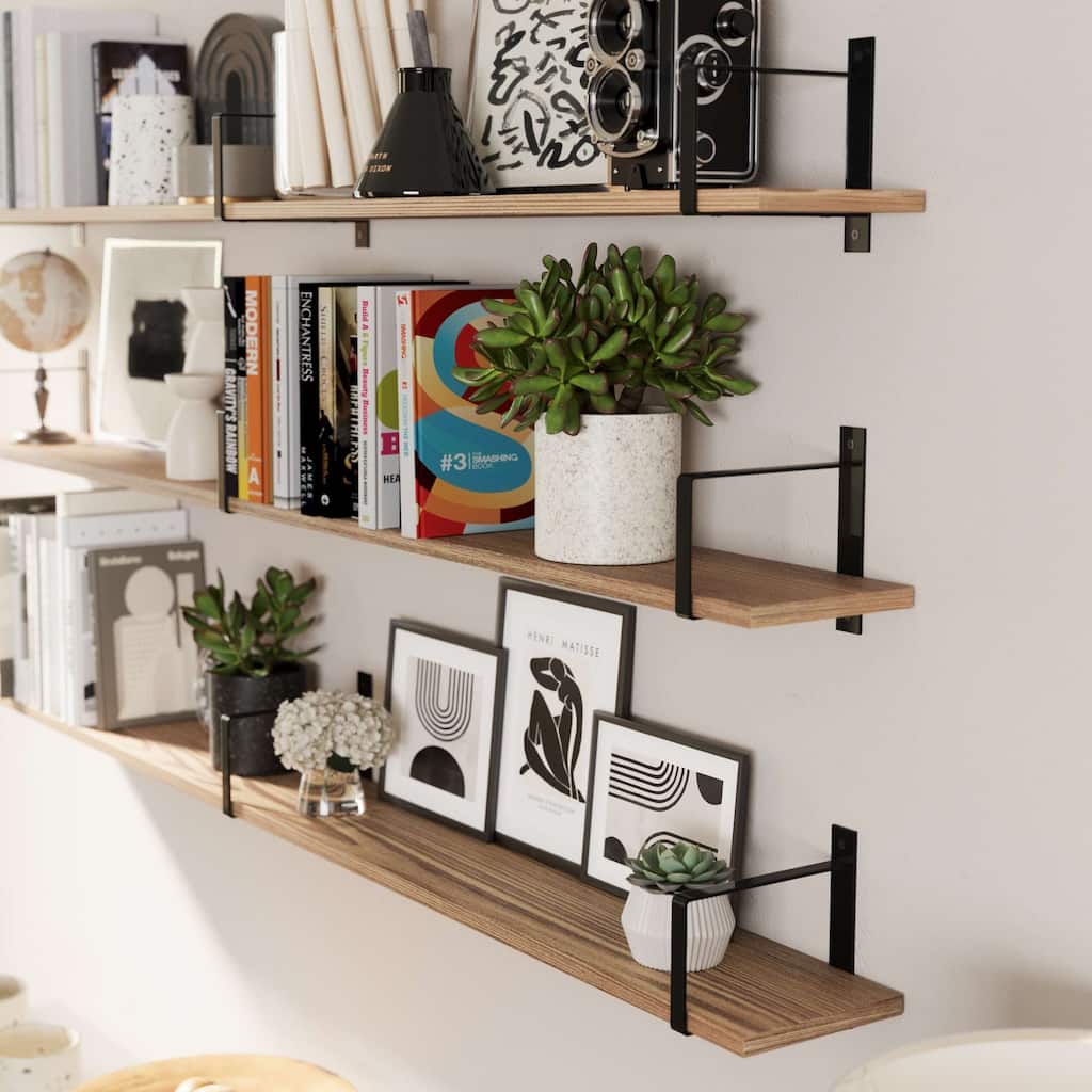 Wallniture Toledo 48" - 60" Floating Bookshelves for Wall, Book Shelves for Living Room, Wooden Shelves for Wall, Burnt, 3 Pcs