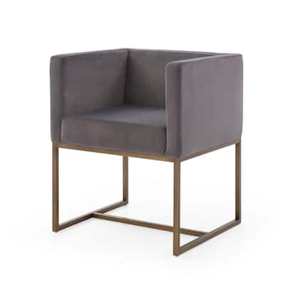 Cid 25 Inch Modern Dining Chair, Tight Fabric Back, Gray, Antique Brass