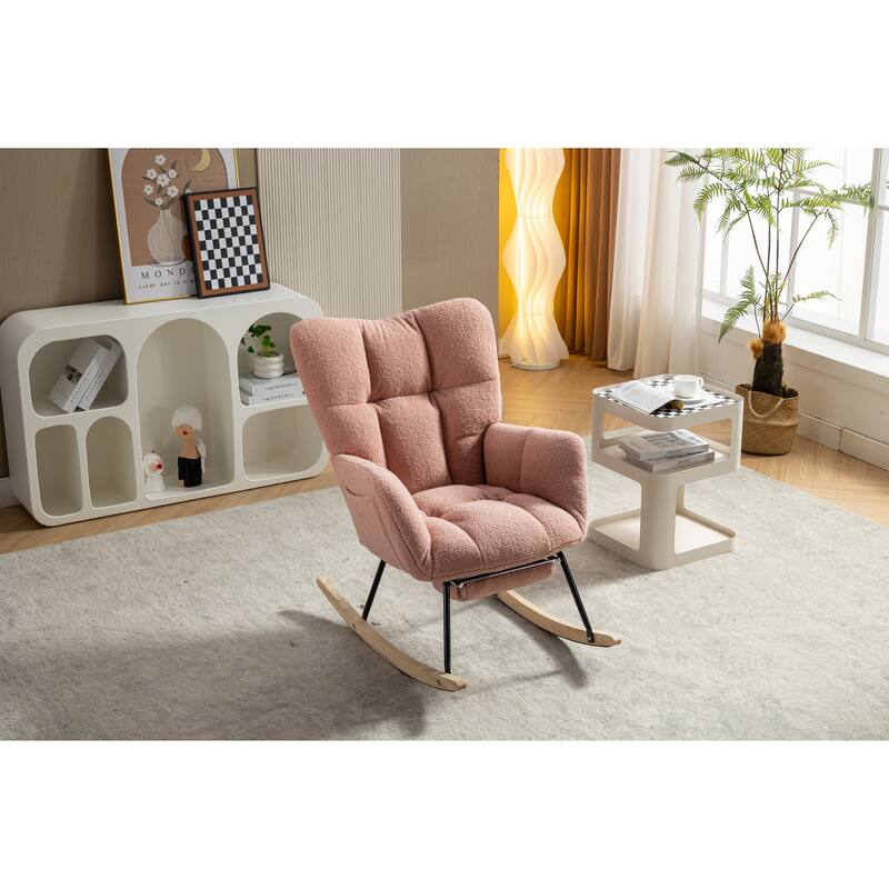 High Backrest Nursery Rocking Chair, Teddy Upholstered Glider Chair with Footrest, Recliner Chair with Solid Wood Legs