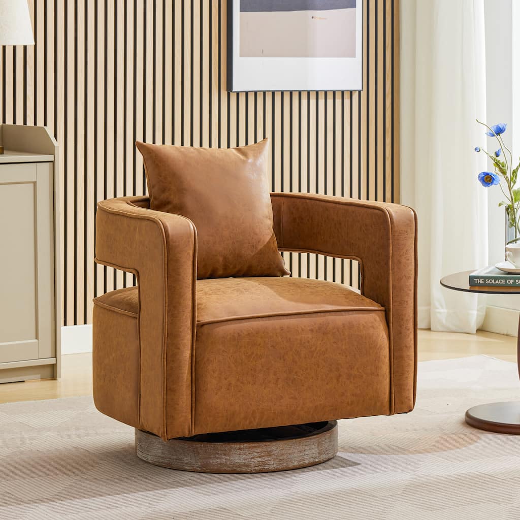 Modern Swivel Chair,PU leather Barrel Chair with Wooden Base and pillow