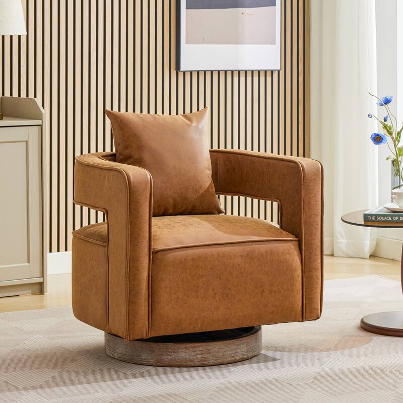 Modern Swivel Chair,PU leather Barrel Chair with Wooden Base and pillow - Brown