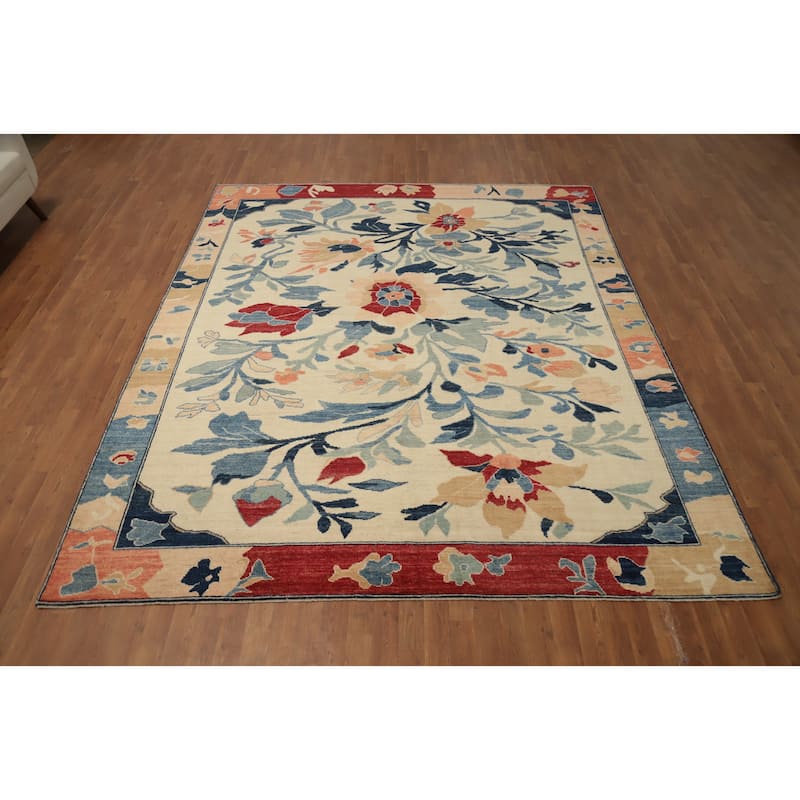 Hand Knotted Oriental 100% Wool Carpet Transitional Floral Beige & Ivories Oushak Area Rug - 9' 11'' X 8' 3''