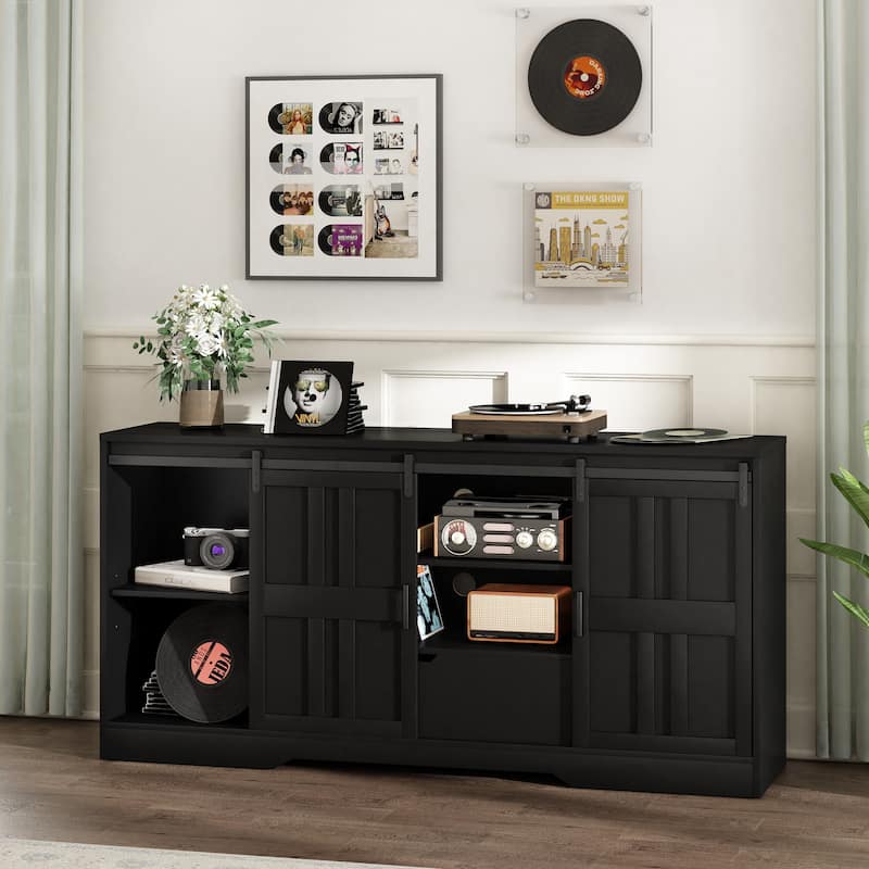 Farmhouse TV Stand for 55-75 Inch TVs, Sliding Barn Doors Storage Cabinet Media Console - Black