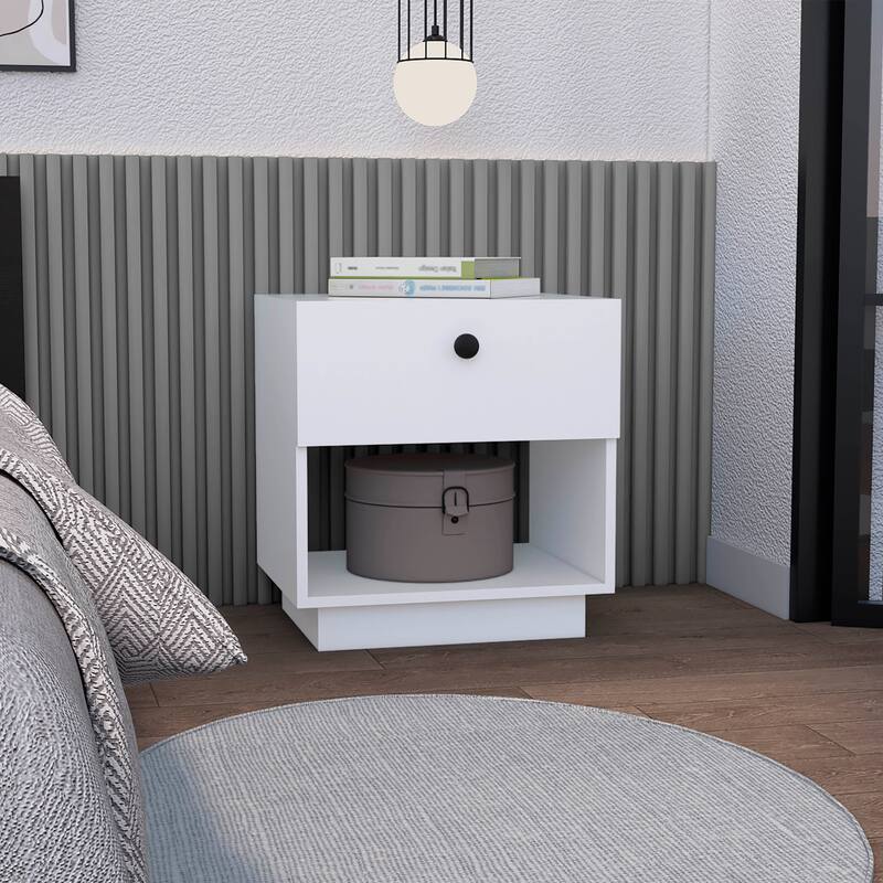 White Nightstand with Drawer and Open Shelf, Compact Side Table for Bedroom or Living Room - White