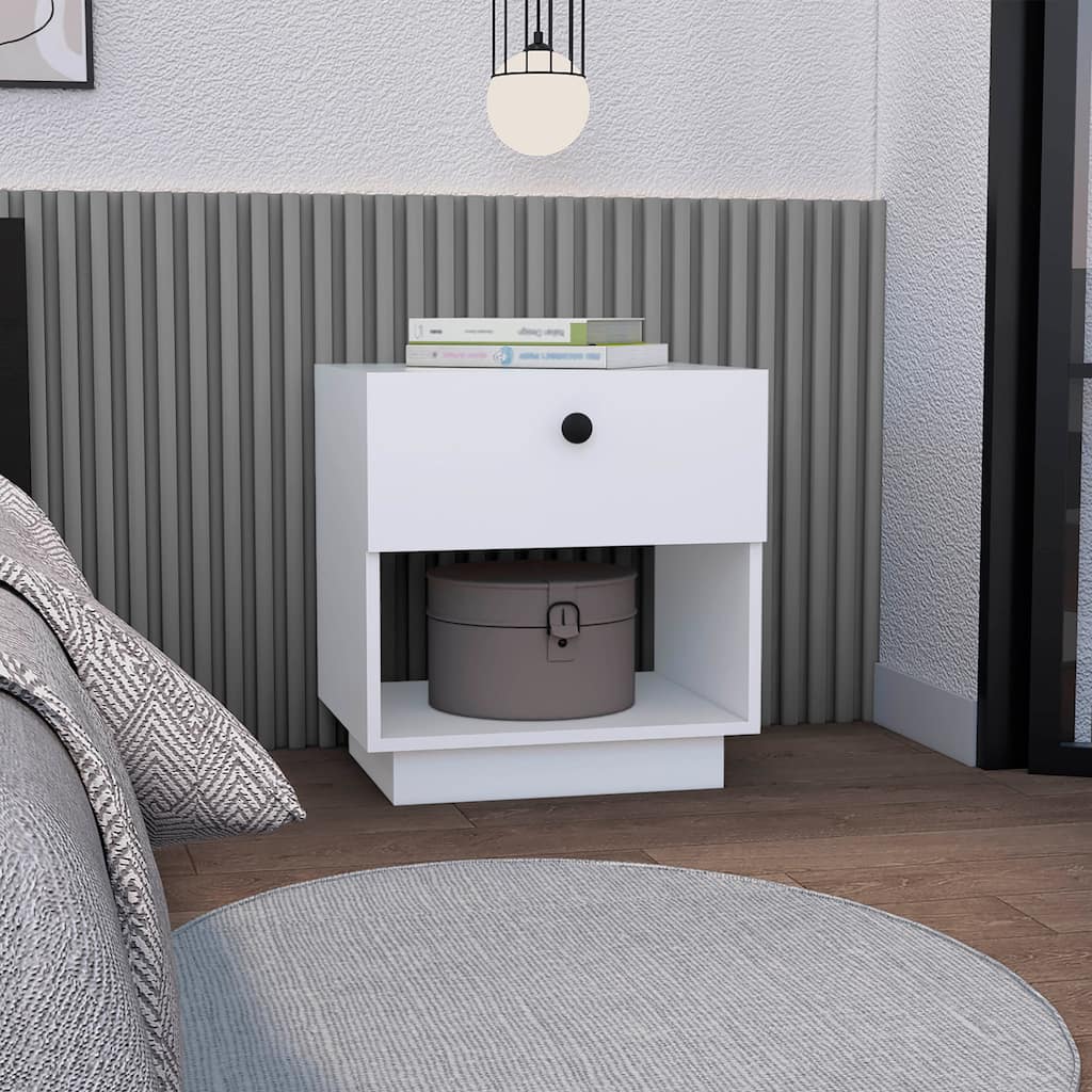 White Nightstand with Drawer and Open Shelf, Compact Side Table for Bedroom or Living Room