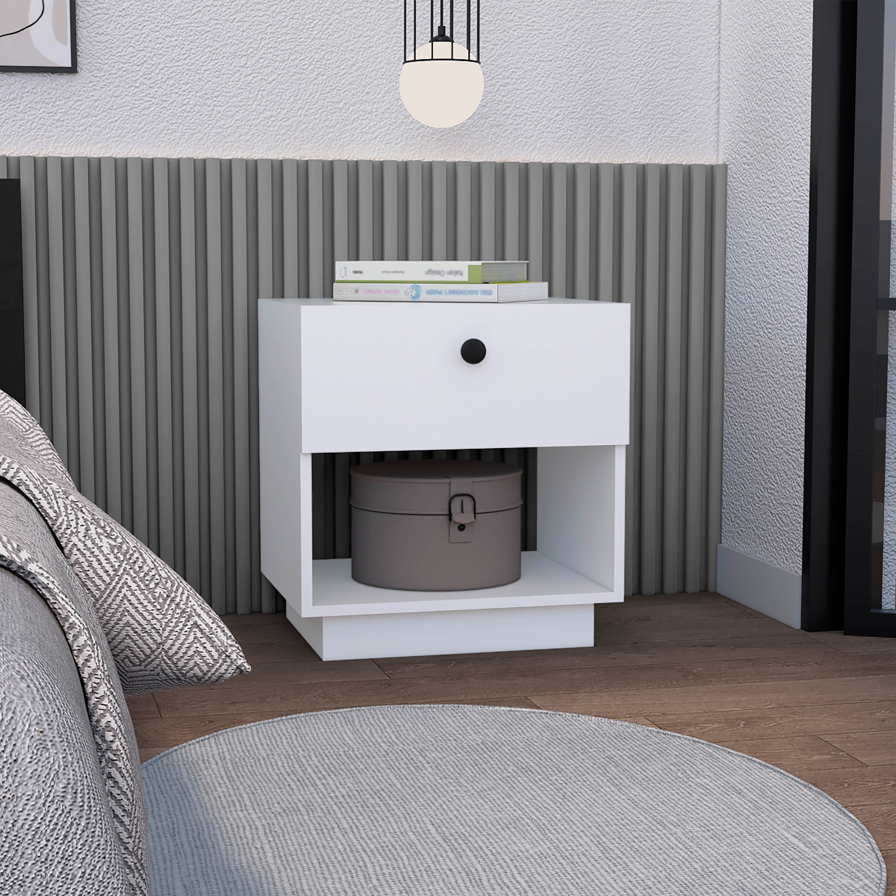 White Nightstand with Drawer and Open Shelf - Compact Side Table for Bedroom or Living Room