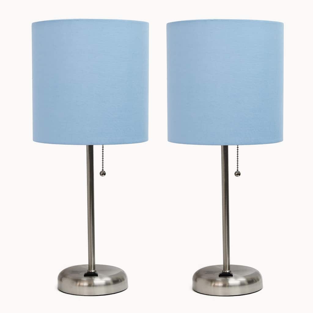 19.5 in. Brushed Steel Finish Table Lamp with Blue Shade, Desk Lamp for Writing and Computer Desks, Set of 2