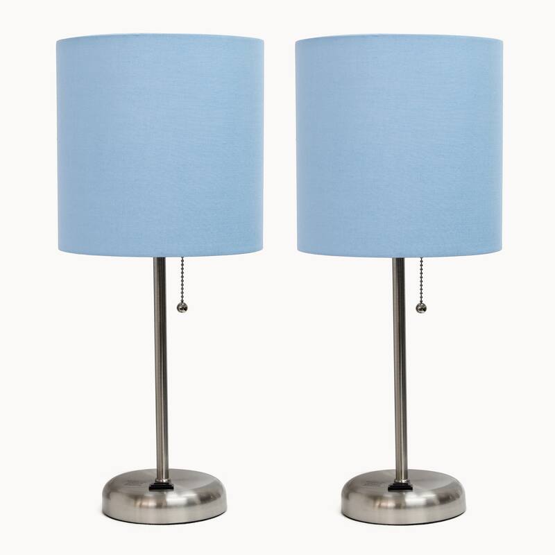 19.5 in. Brushed Steel Finish Table Lamp with Blue Shade, Desk Lamp for Writing and Computer Desks, Set of 2