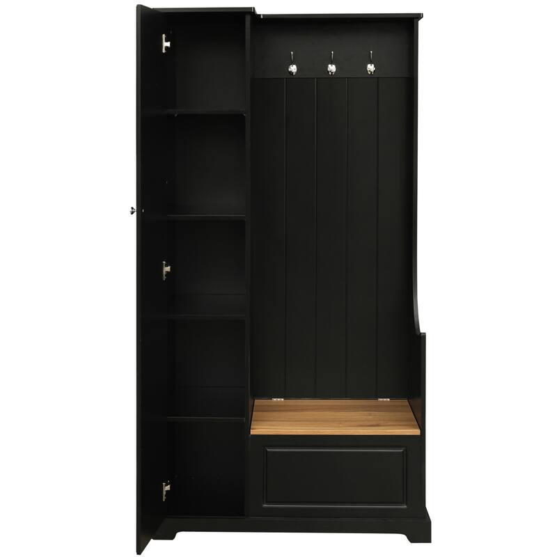 Modern Hall Tree with Flip-Up Bench, Adjustable Shelves & Hanging Hooks for Entryways & Mudrooms
