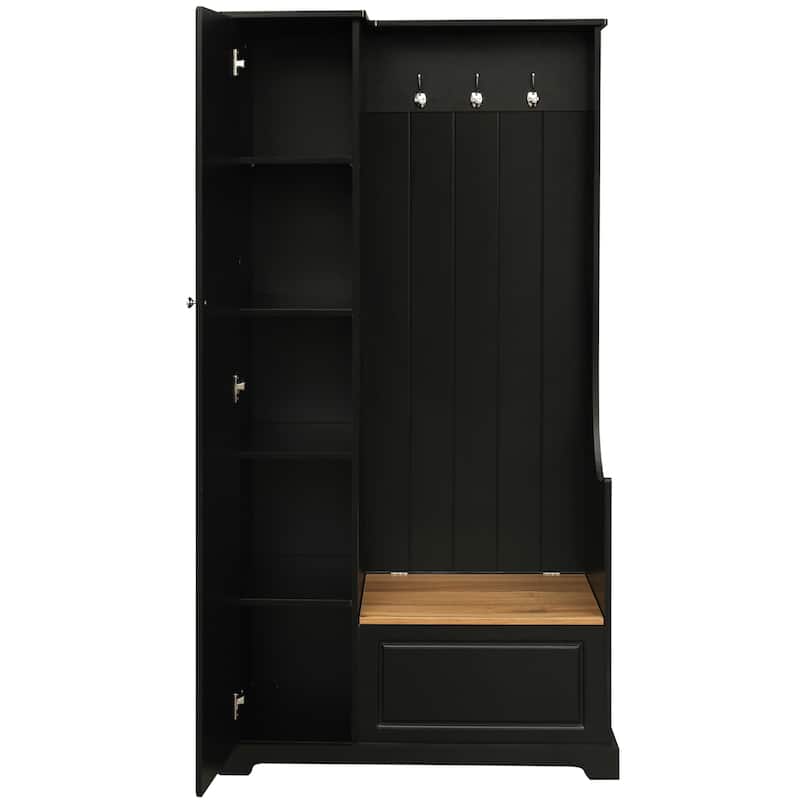 Roomfitters Modern Hall Tree with Flip-Up Storage Bench, Multifunctional Mudroom Shoe Cabinet with Shelves and Hooks