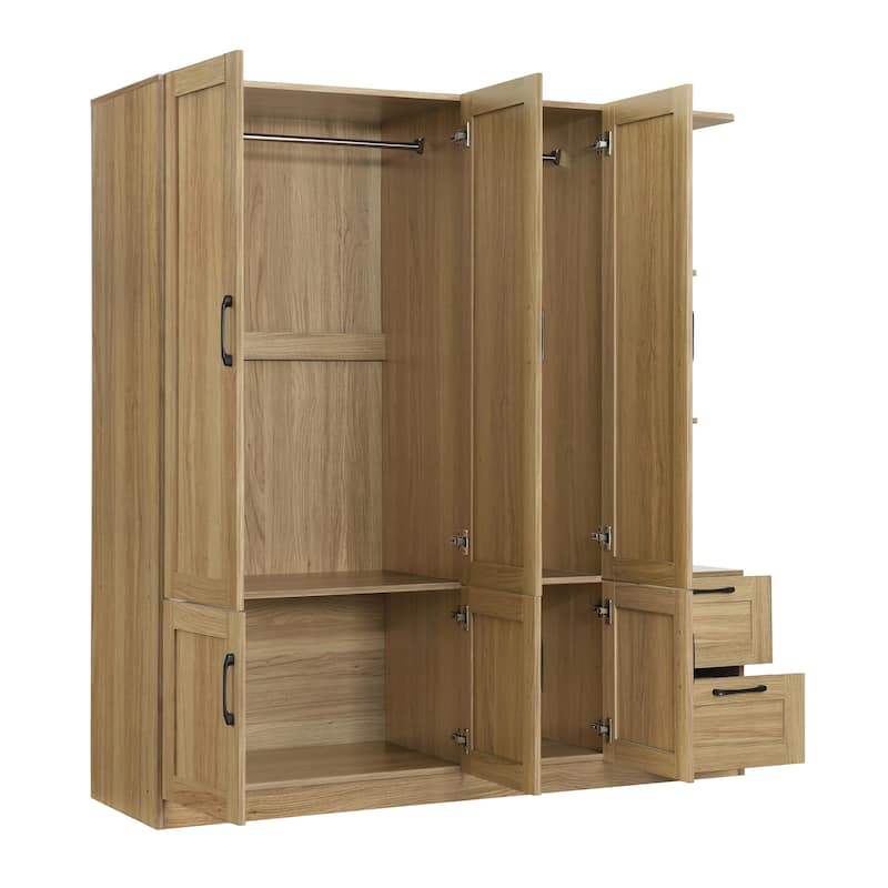 3 Doors Armoire Wardrobe Closet with 3 Side Shelves 2 Drawers, Wooden Bedroom Armoires with Hanging Rod for Bedroom