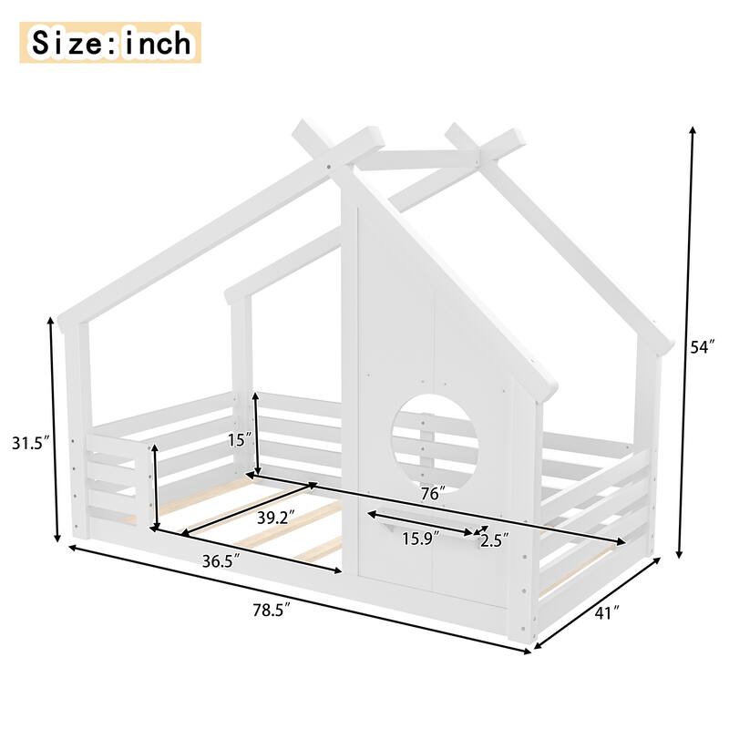 Twin House Floor Bed with Window and a Small Shelf, Solid Wood Floor Bed with House-shaped Roof, No Spring Box Needed