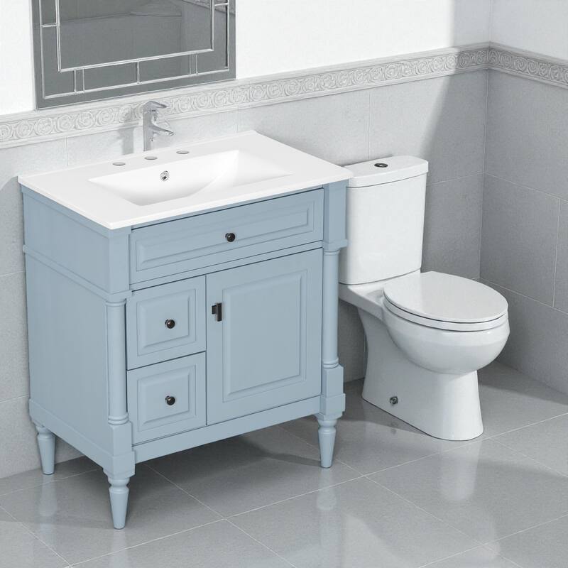 30" Freestanding Bathroom Vanity with Ceramic Sink, Solid Rubberwood Frame, Flip Drawer & Adjustable Shelf