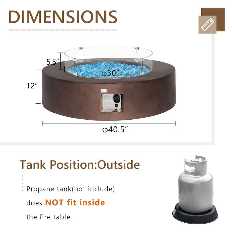 COSIEST 42'' Outdoor Round Propane Fire Pit w Wind Guard and Fire Glass