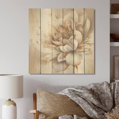 Designart 'Blooming Beige Floral Design I' Floral Wood Wall Art - Natural Pine Wood