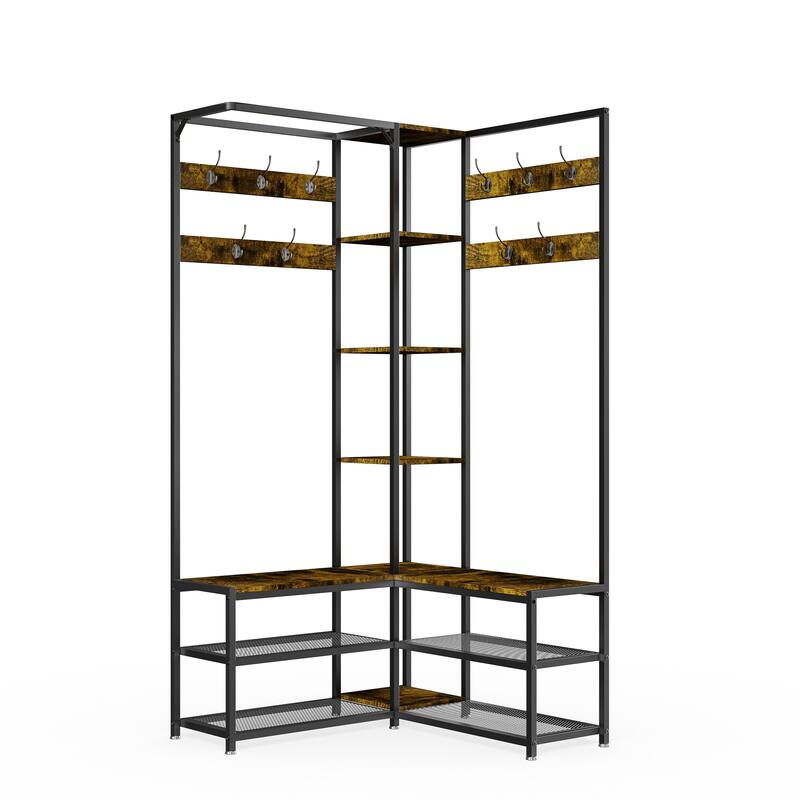 Industrial Hall Tree with Shoe Storage Bench Corner Display Shelf