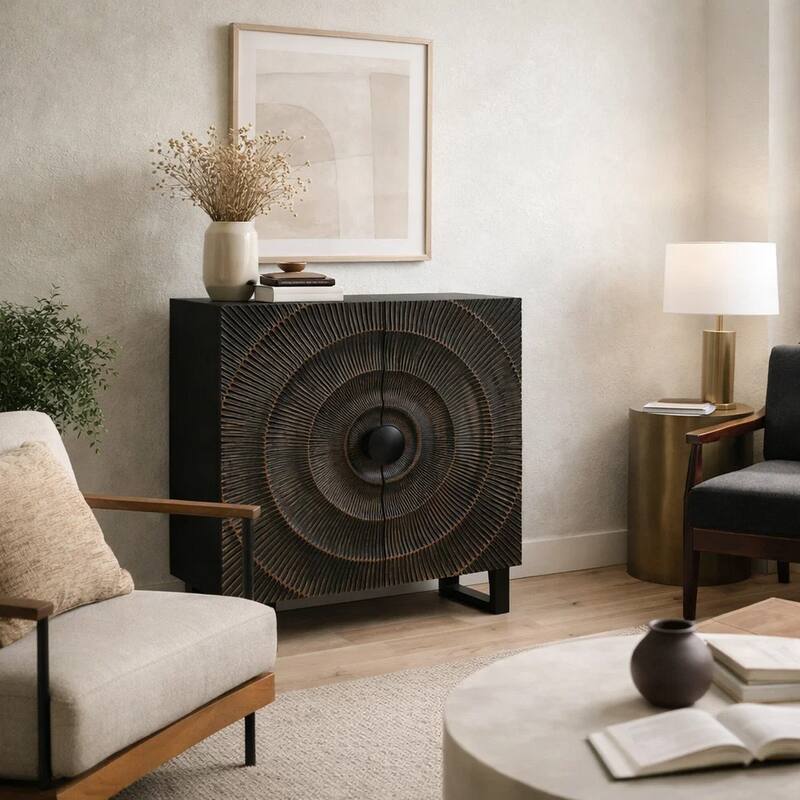 Ayma Buffet Console with 2 Doors, Carved Sunburst, Black Wood 40 Inch