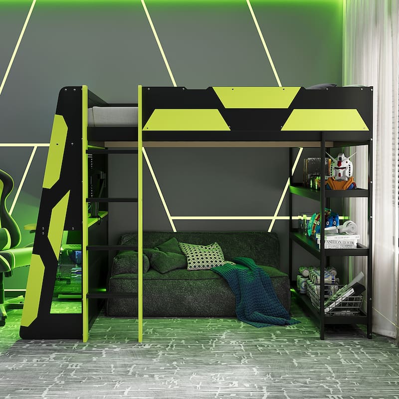 Full Size Gaming Loft Bed Station with Desk, Storage Shelves & RGB LED Lights - Green - Full