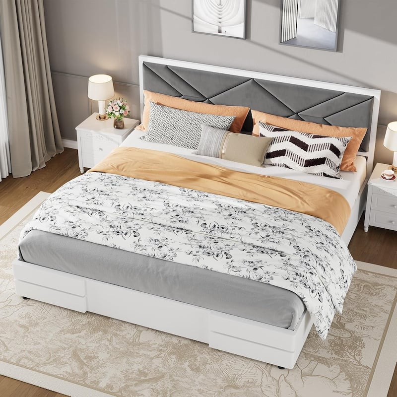 Wooden Bed Frame with Fabric Upholstered Headboard