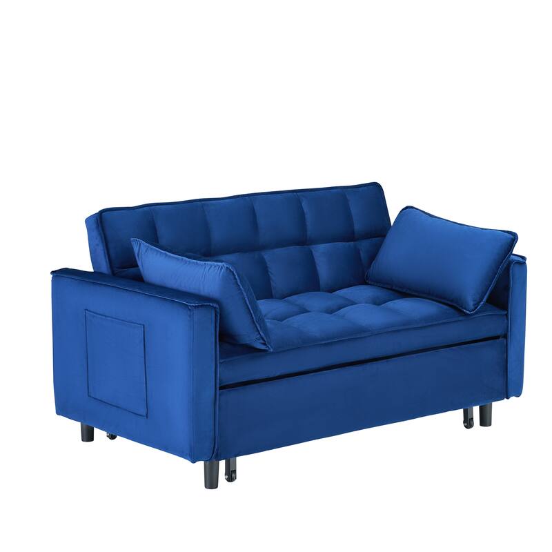 Velvet 3 in 1 Pull Out Loveseat Sofa Convertible Sleeper Love Seat Bed Tufted Futon Sofa with 2 Pillows and Pockets