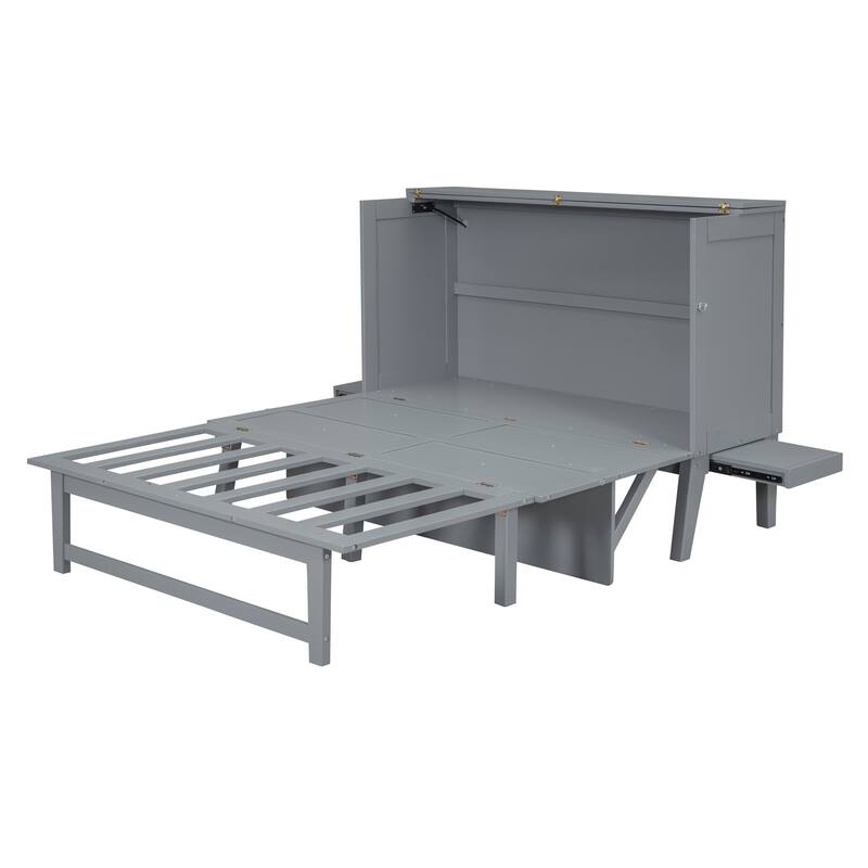 Queen Size Murphy Bed with USB Port, Solid Wood Murphy Chest Bed, Platform Murphy Bed Frame with Removable Shelves On Each Side