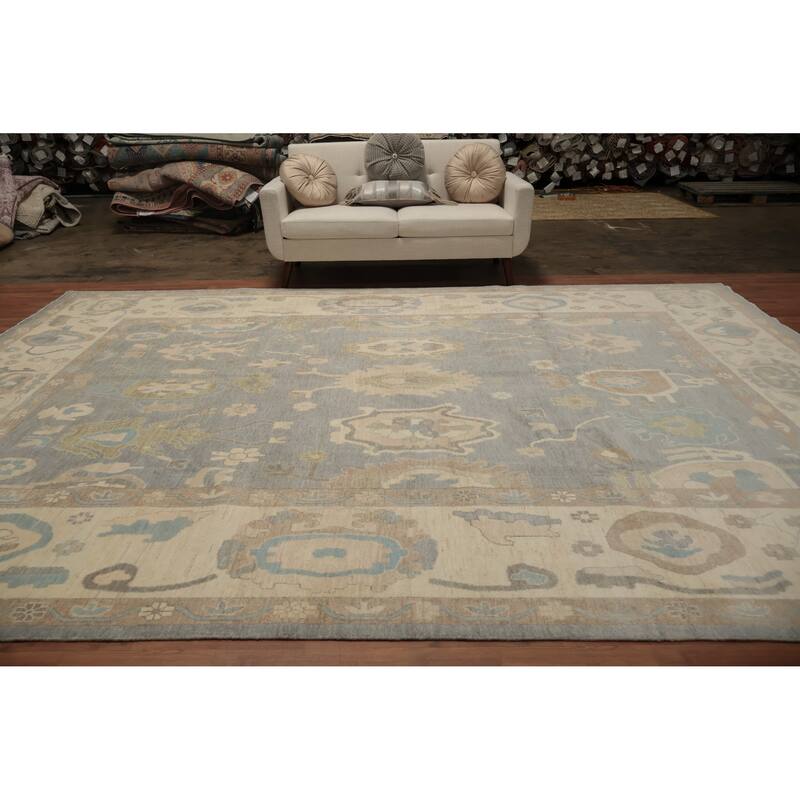 Hand Knotted Oriental 100% Wool Carpet Transitional All-Over Greys & Charcoal Oushak Area Rug - 13' 6'' X 9' 9''