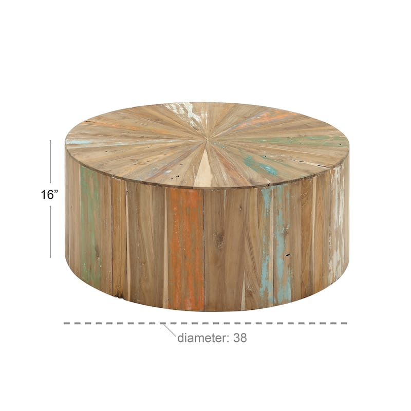 Brown Reclaimed Wood Handmade Pinwheel Drum Geometric Coffee Table with Colorful Painted Accents