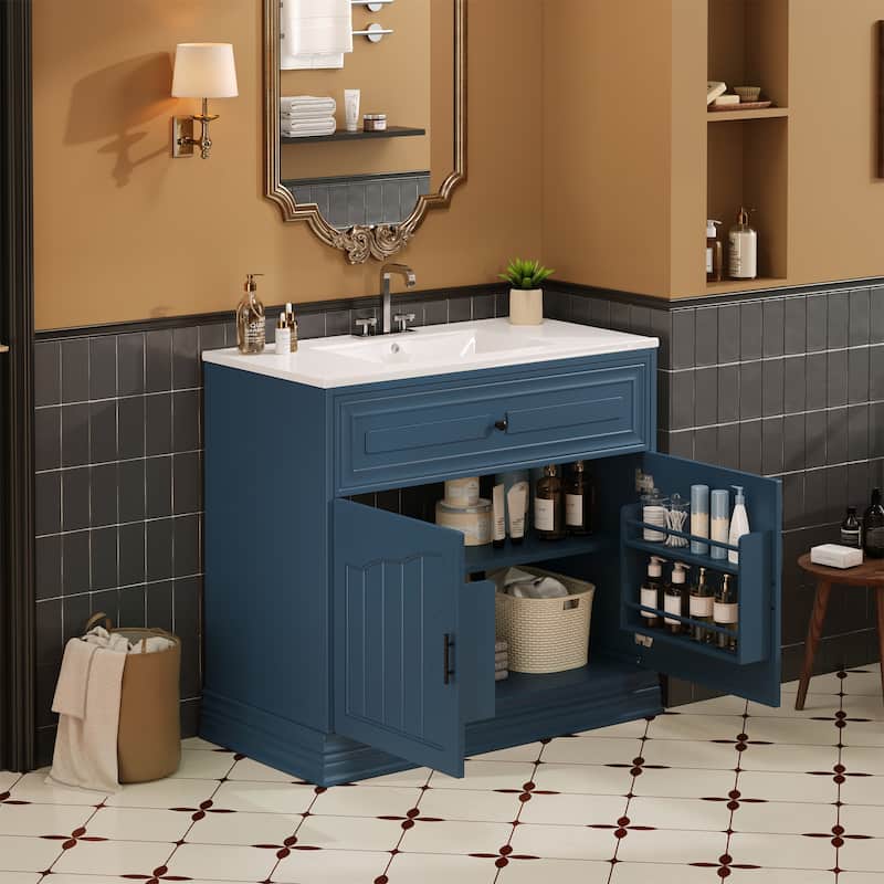 36" Elegant Bathroom Vanity‌ – Ceramic Sink, Solid Wood Frame & Soft-Closing Doors for Luxurious Storage.