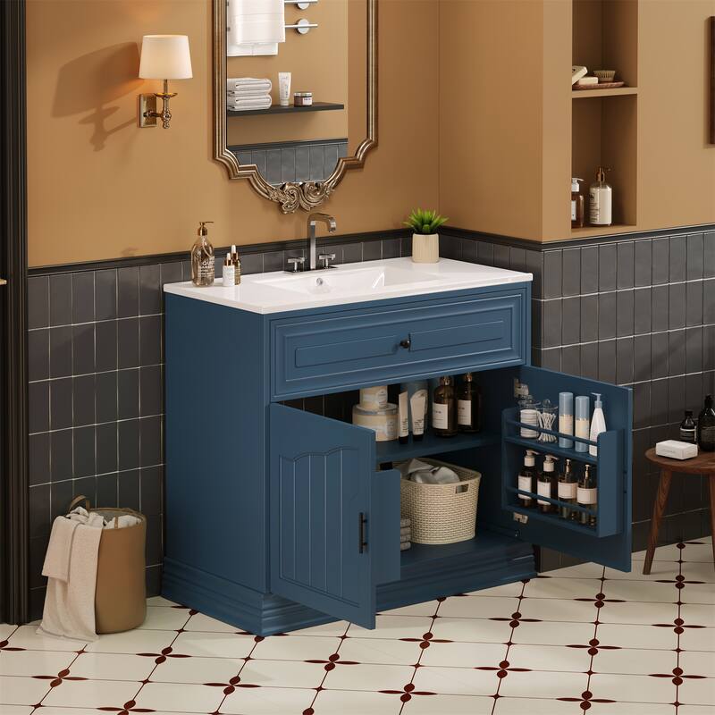 Bathroom Vanity Solid Wood Storage Cabinet with 2 Large Soft Closing Doors, Convenient Door Organizers and Adjustable Shelving